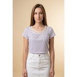 Cleo Women's Short Sleeve Top Size Large White w/Purple Squares Round Neck
