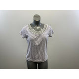 Cleo Women's Short Sleeve Top Size Large White w/Purple Squares Round Neck