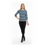 Hourglass Lilly Women's 3/4 Sleeve Top Size XS Green Blue Patterned Rayon Blend