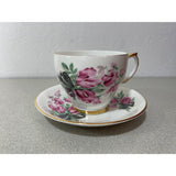 Windsor Fine Bone China England Teacup Saucer Set Pink Floral  Black ribbon