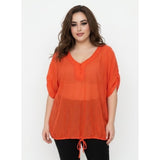 Addition Elle Women's Blouse Size 24 Orange Button V Neck Sheer Short Sleeve Top