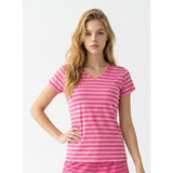 Champion Pink Striped Athletic Top Women's Large V Neck Short Sleeve Polyester