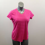 Champion Pink Striped Athletic Top Women's Large V Neck Short Sleeve Polyester