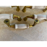 VTG Brass With White Ceramic Cabinet Door Handles USED Lot Of 13