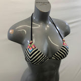 Billabong Women's White Bathing Suit Top with Black Strips Colourful pattern ontop Tie up Size Small Polyester