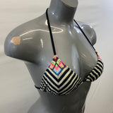 Billabong Women's White Bathing Suit Top with Black Strips Colourful pattern ontop Tie up Size Small Polyester
