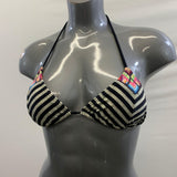 Billabong Women's White Bathing Suit Top with Black Strips Colourful pattern ontop Tie up Size Small Polyester