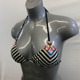 Billabong Women's White Bathing Suit Top with Black Strips Colourful pattern ontop Tie up Size Small Polyester