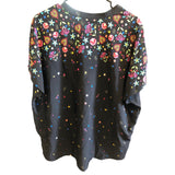 Wonderwink Pullover Scrub Top Polyester Folk Art Print on Black Women's XL