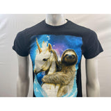 Spencers Sloth Riding Unicorn Graphic T Shirt Size Small Black Short Sleeve Cotton Blend Tee